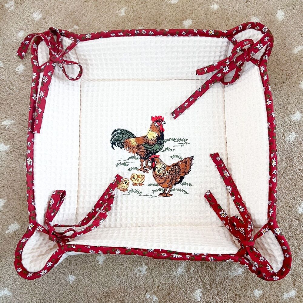 11in Vintage Square Fabric Basket Trinket Tray Catchall Rooster Chicken Country